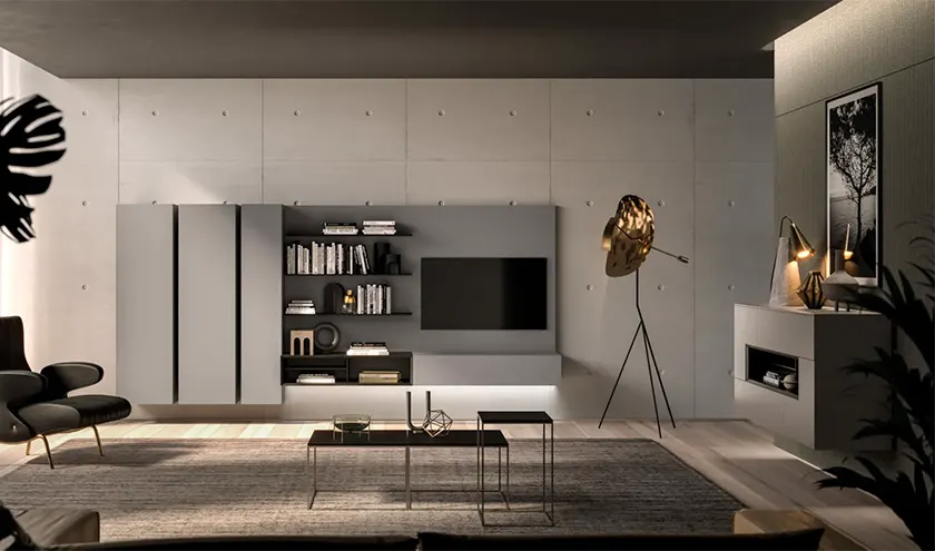Composizione Day 01©Orme Design, pensili e boiserie in finitura laccato opaco Titanio - Madia Modulo sospesa