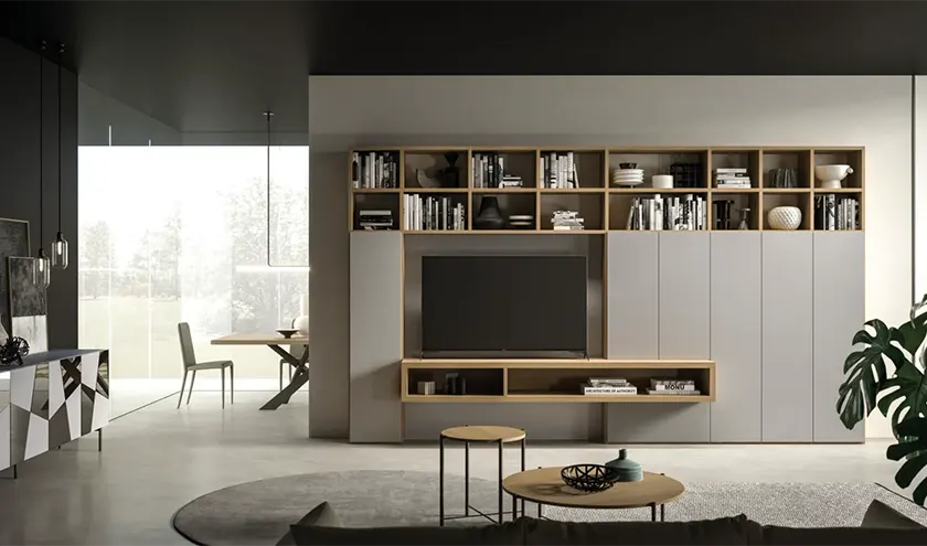 Composizione Day 24©Orme Design, libreria a spalla in materico Rovere con ante in laccato opaco Piuma.
