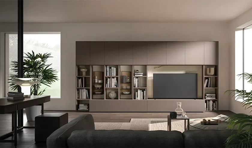 Composizione Day 25©Orme Design, libreria a spalla in materico Rovere con ante in laccato opaco Piuma.