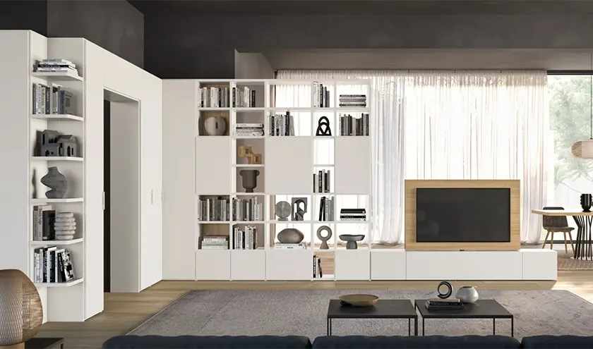 Composizione Day 35©Orme Design, libreria a spalla in laccato opaco Perla con elemento porta TV girevole in materico Rovere.