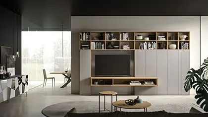 Soggiorno elegante con televisore e scaffali di libri.