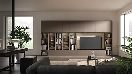 Soggiorno elegante con divano, libreria e televisore moderno.