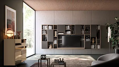 Soggiorno moderno con parete attrezzata porta TV e libreria.