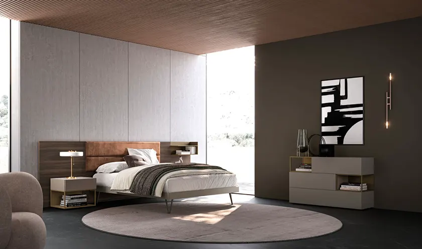 Composizione sistema boiserie letto Giako, comodini e comò mod.Compongo, Orme Design programma notte