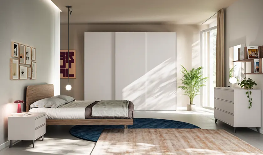 Composizione letto Arca con giroletto Alfa, Gruppo Tratto in Velluto, Armadio scorrevole Tratto in Velluto attrezzato con ripiani, tubi appendiabiti e cassettiera interna, Orme Design programma notte Light
