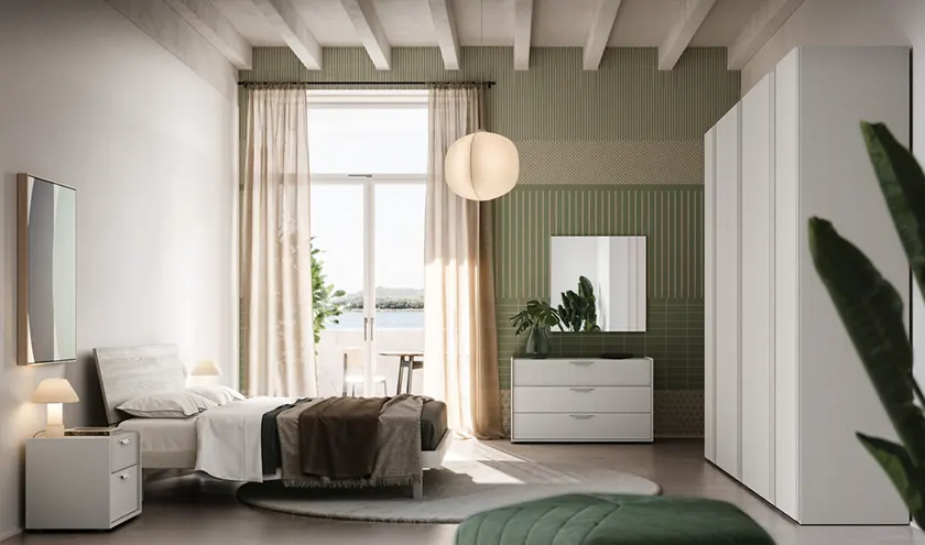 Composizione letto Blanco con giroletto Alfa, gruppo Patti, armadio battente Terna, Orme Design programma notte Light