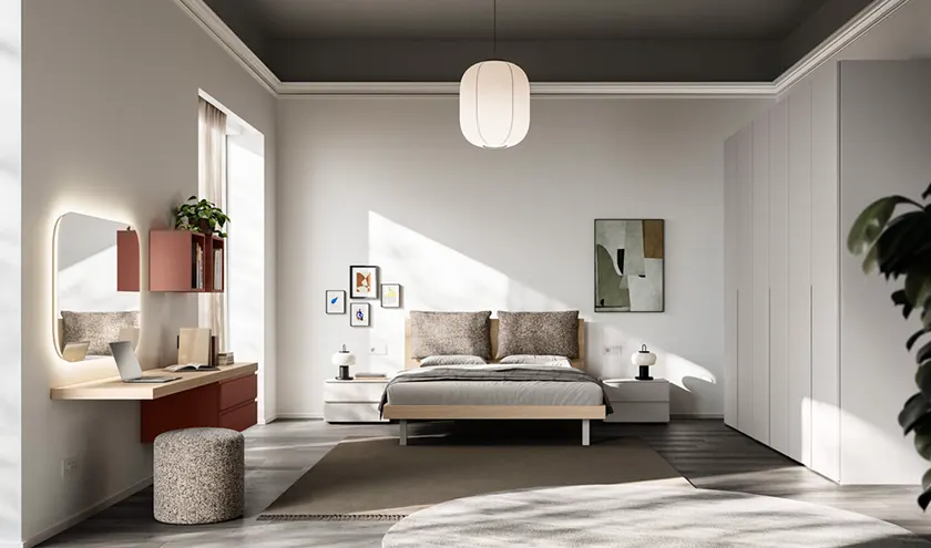 Composizione letto Cremi, armadio battente Tratto 1200 in Velluto e struttura interna in Cotone, Orme Design programma notte Light