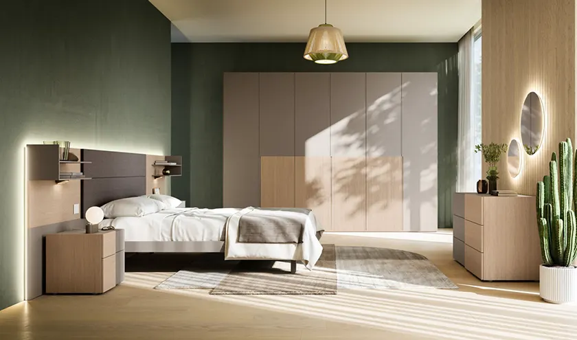 Composizione letto Boiserie Giako Basic, giroletto Alfa, gruppo Double e armadio battente Tratto, Orme Design programma notte Light