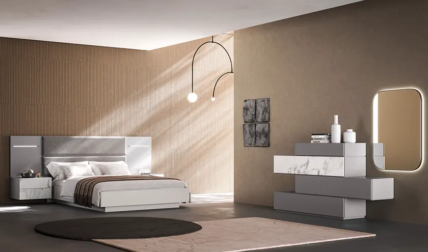 Composizione sistema boiserie letto Giako. Comodini sospesi e comò Compongo in laccato opaco con frontali in melaminico marmo Apuano, Orme Design programma notte