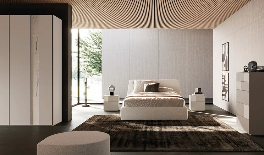 Composizione letto imbottito Tessa con giroletto imbottito Epsilon, comodini e settimanale Klee in melaminico, Orme Design programma notte