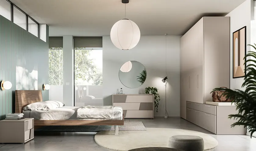 Composizione letto Trapezio con giroletto Alfa in Noce, Gruppo Gliss in Tortora e Platino, Armadio battente Liscia, Orme Design programma notte Light