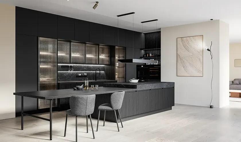 Modello Kalì©Arredo3, isola centrale in laminato opaco rovere fumé