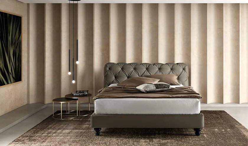 Letto imbottito modello King con testata capitonnè, Samoa Bside