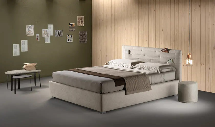Letto imbottito modello Pocket con tasche portaoggetti nella testata, Samoa Bside