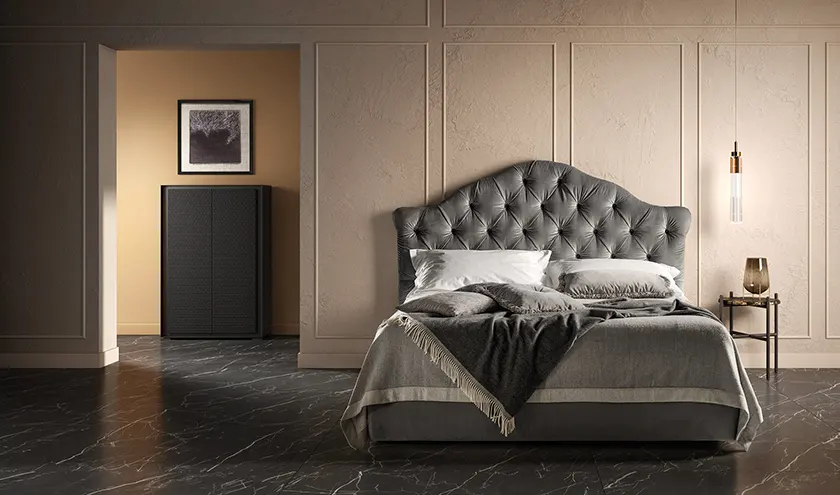 Letto imbottito modello Queen con testata capitonnè, Samoa Bside